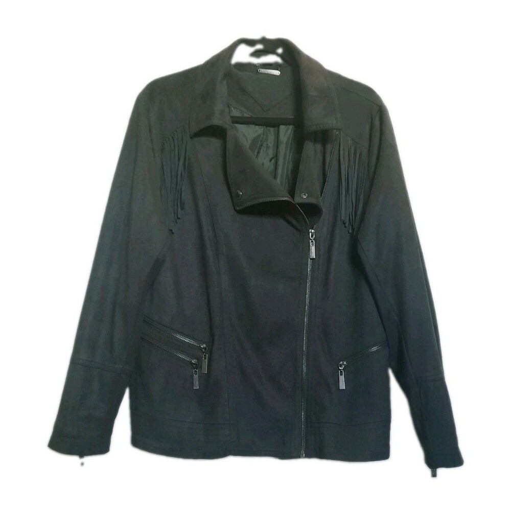 Jou Jou Faux Suede Fringe Moto Jacket Black 1X Plus Size Western Biker Cowgirl